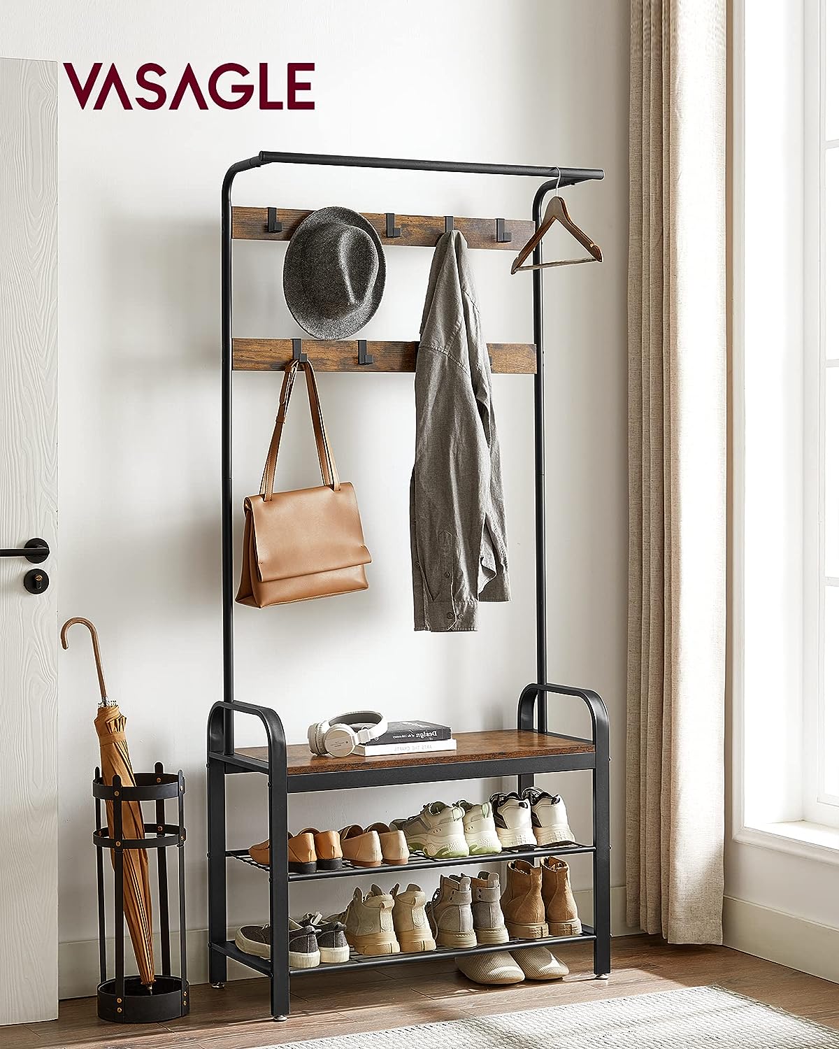 Sturdy 4-in-1 Coat Rack Bench with 9 Hooks, Storage - VASAGLE