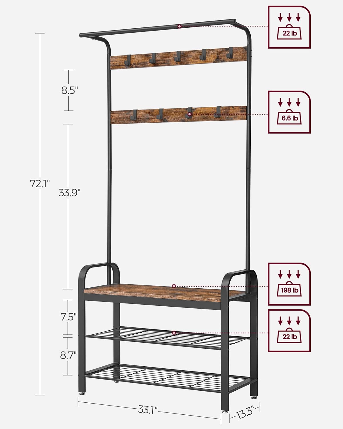 Sturdy 4-in-1 Coat Rack Bench with 9 Hooks, Storage - VASAGLE