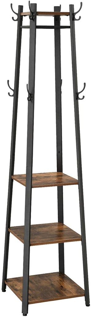 VASAGLE Coat Rack Stand with 3 Shelves Rustic Brown and Black