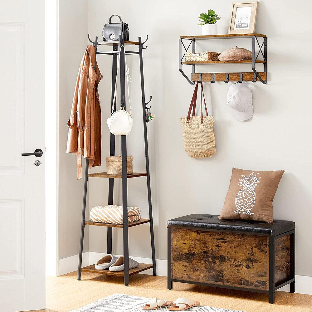 Rustic Coat Rack with 3 Shelves and Hooks, VASAGLE