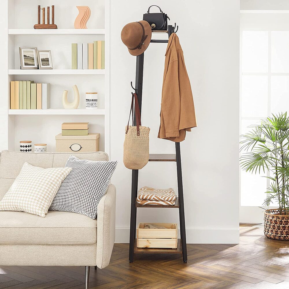 Rustic Coat Rack with 3 Shelves and Hooks, VASAGLE