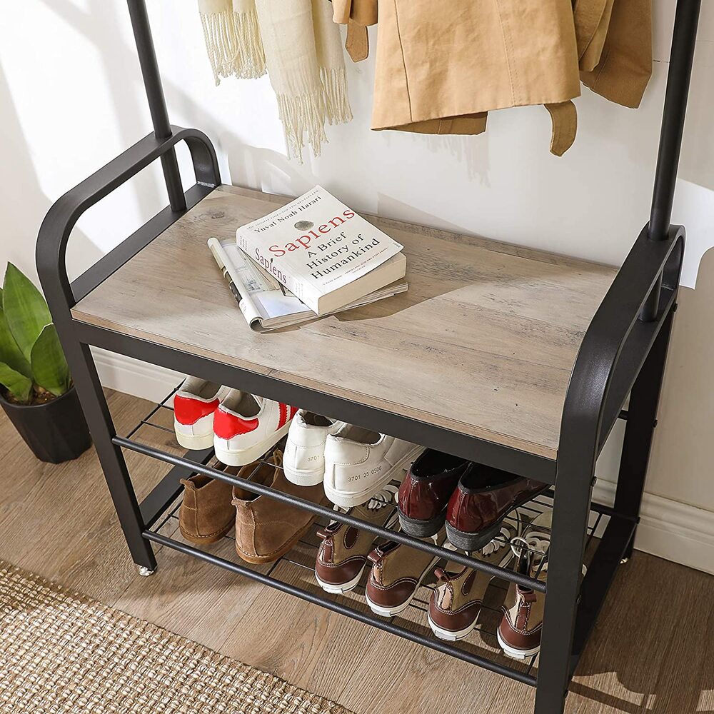 Rustic Greige Coat Rack with Bench and Shoe Storage - VASAGLE