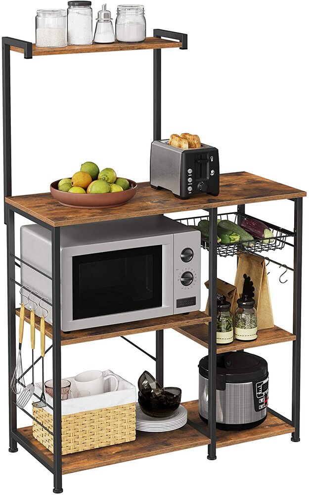 VASAGLE Baker's Rack with Shelves Microwave Stand with Wire Basket 6 S-Hooks Rustic Brown