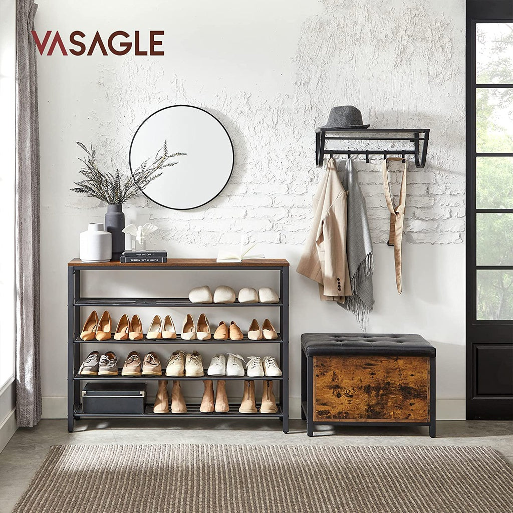 VASAGLE Shoe Rack Shoe Storage Organiser with 4 Mesh Shelves Rustic Brown and Black