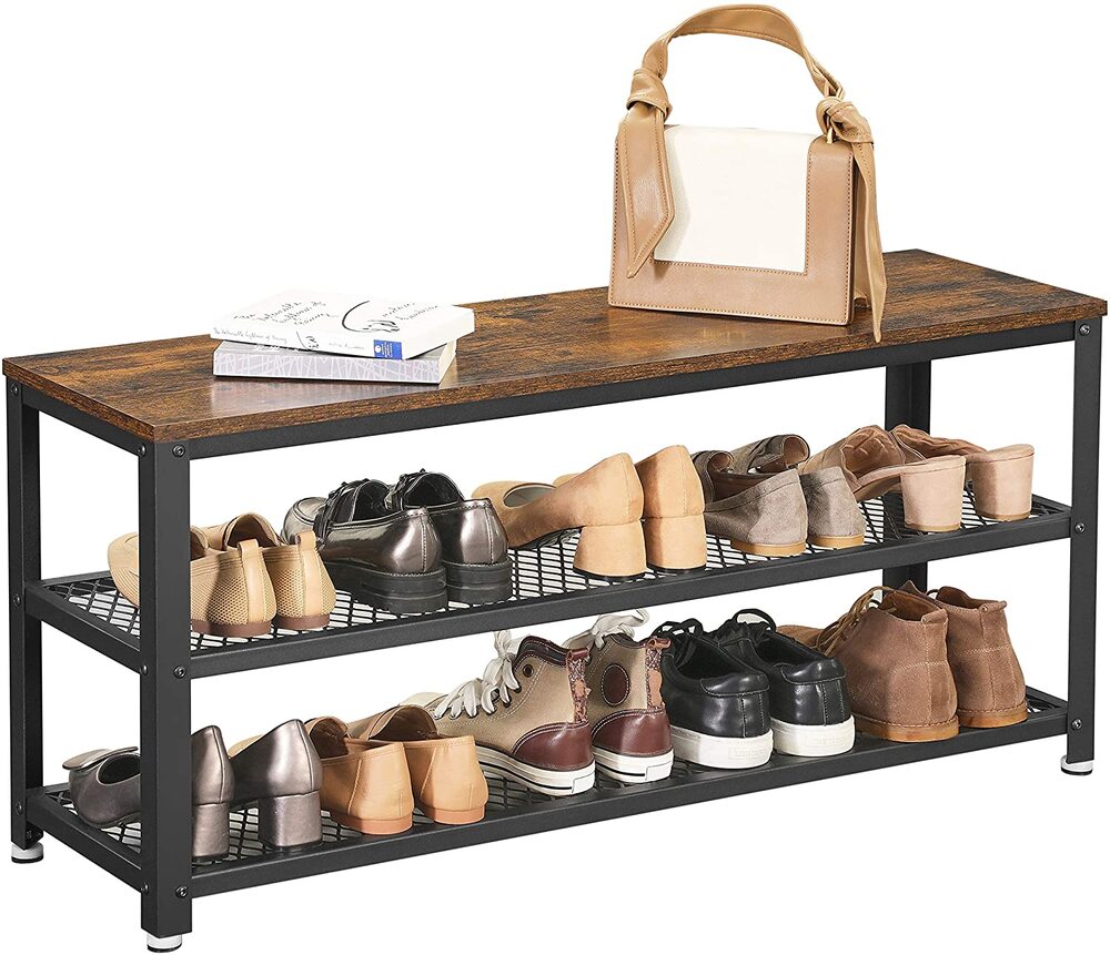 Sturdy Rustic Shoe Bench Rack with 2 Shelves, Holds 198 lb, VASAGLE