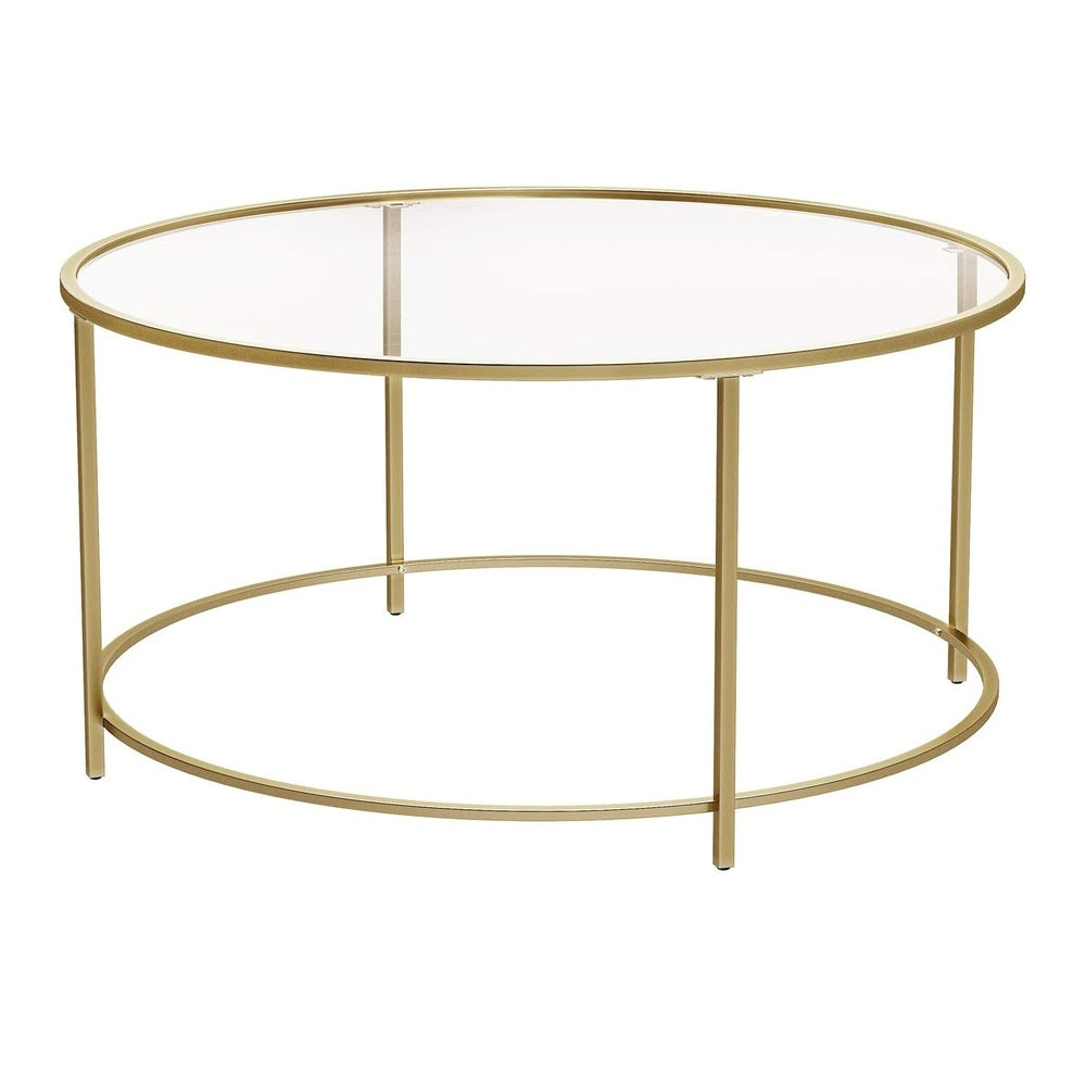 VASAGLE Round Coffee Table Glass Table with Steel Frame Gold