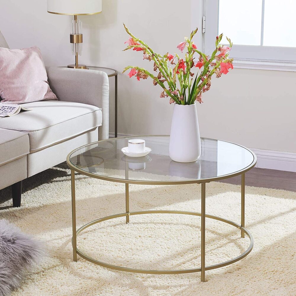 VASAGLE Round Coffee Table Glass Table with Steel Frame Gold