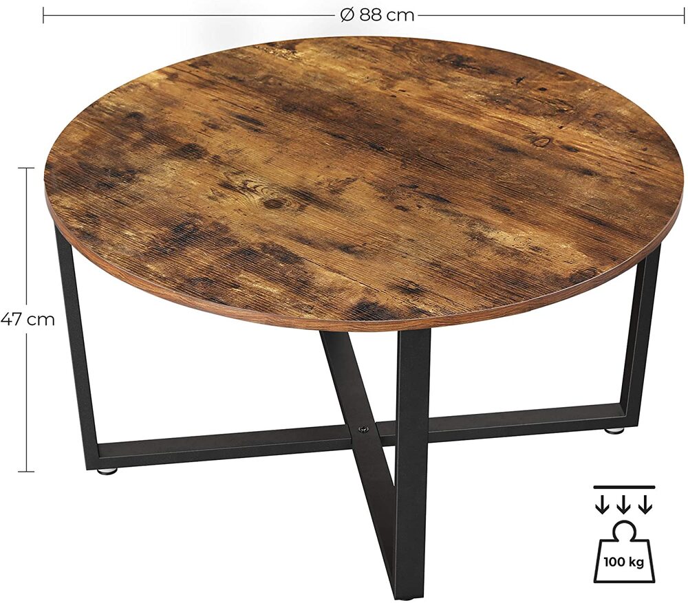 Rustic Brown & Black Round Coffee Table, Steel Frame - VASAGLE