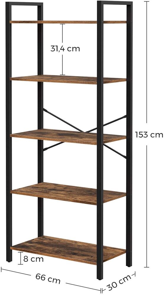 Industrial 5-Tier Bookshelf with Steel Frame, 66x30x153cm, VASAGLE