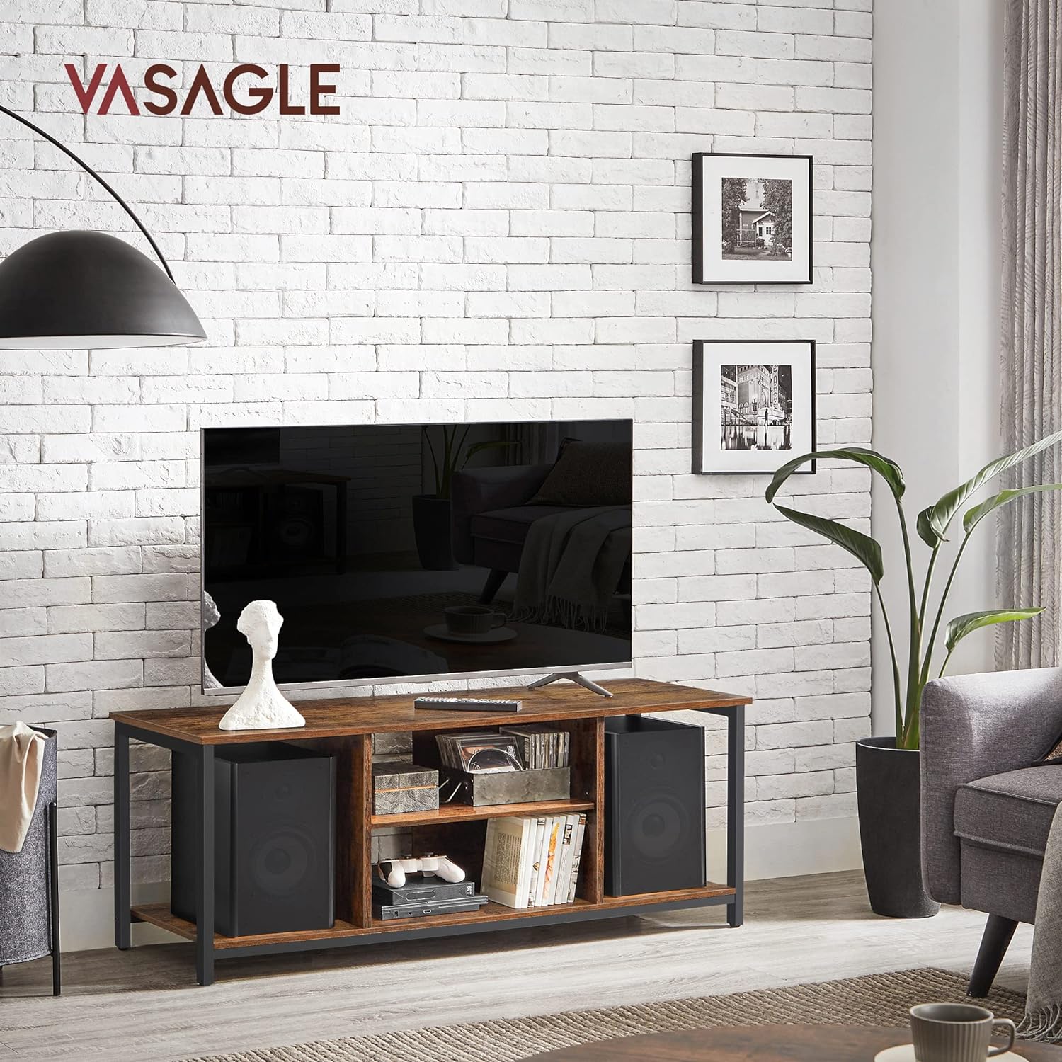 VASAGLE Lowboard TV Cabinet for TVs up to 60 Inches with Open Compartments Vintage Brown/Black