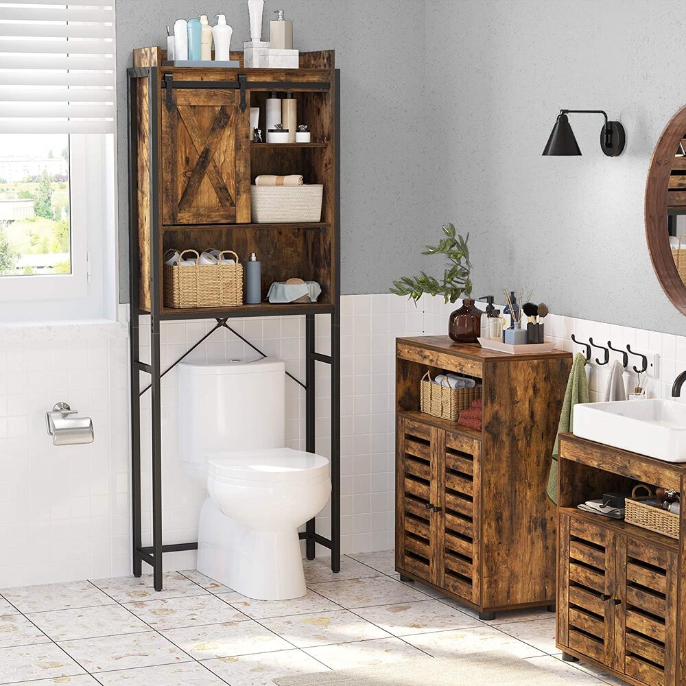 VASAGLE Over-the-Toilet Storage Bathroom Organiser Rack for Washing Machine Rustic Brown and Black