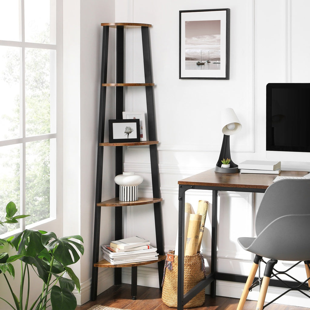 5 Tier Industrial Wood & Steel Corner Shelf Bookcase VASAGLE