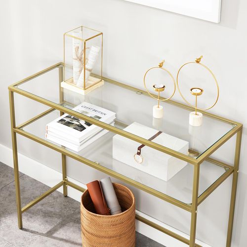 Minimalist Gold Console Table with 2 Tempered Glass Shelves, VASAGLE