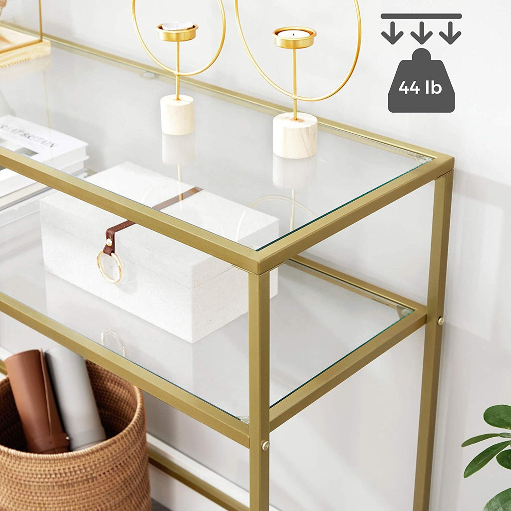 Minimalist Gold Console Table with 2 Tempered Glass Shelves, VASAGLE