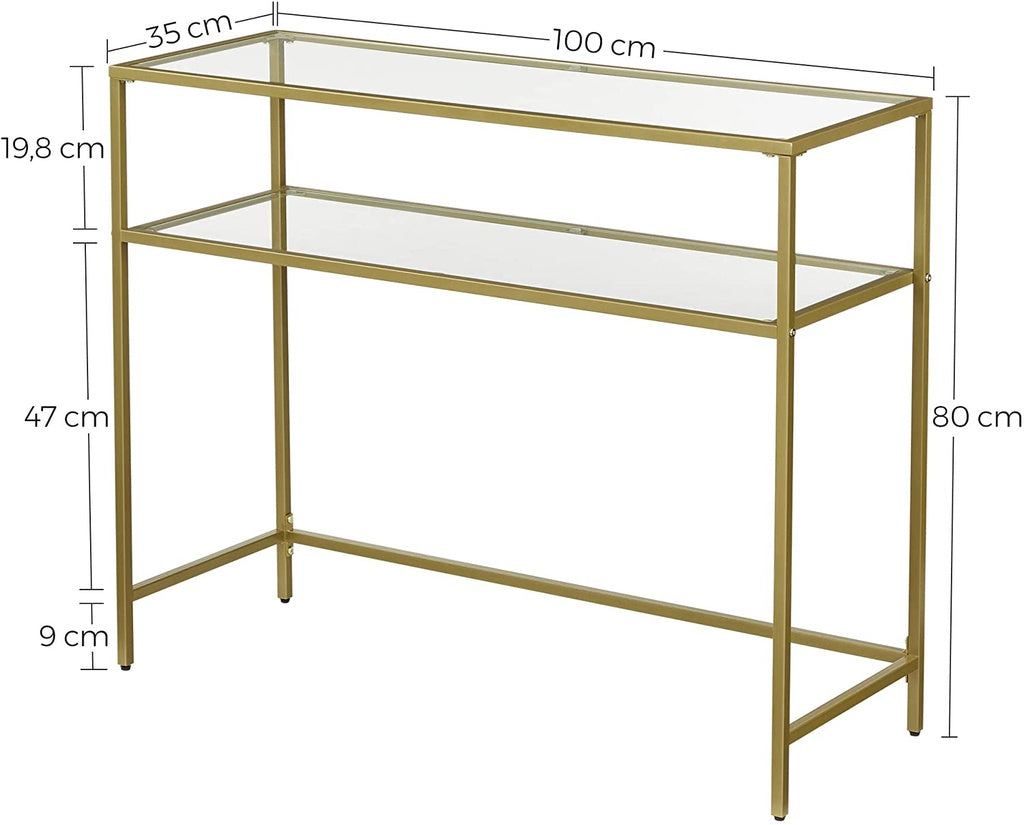 Minimalist Gold Console Table with 2 Tempered Glass Shelves, VASAGLE