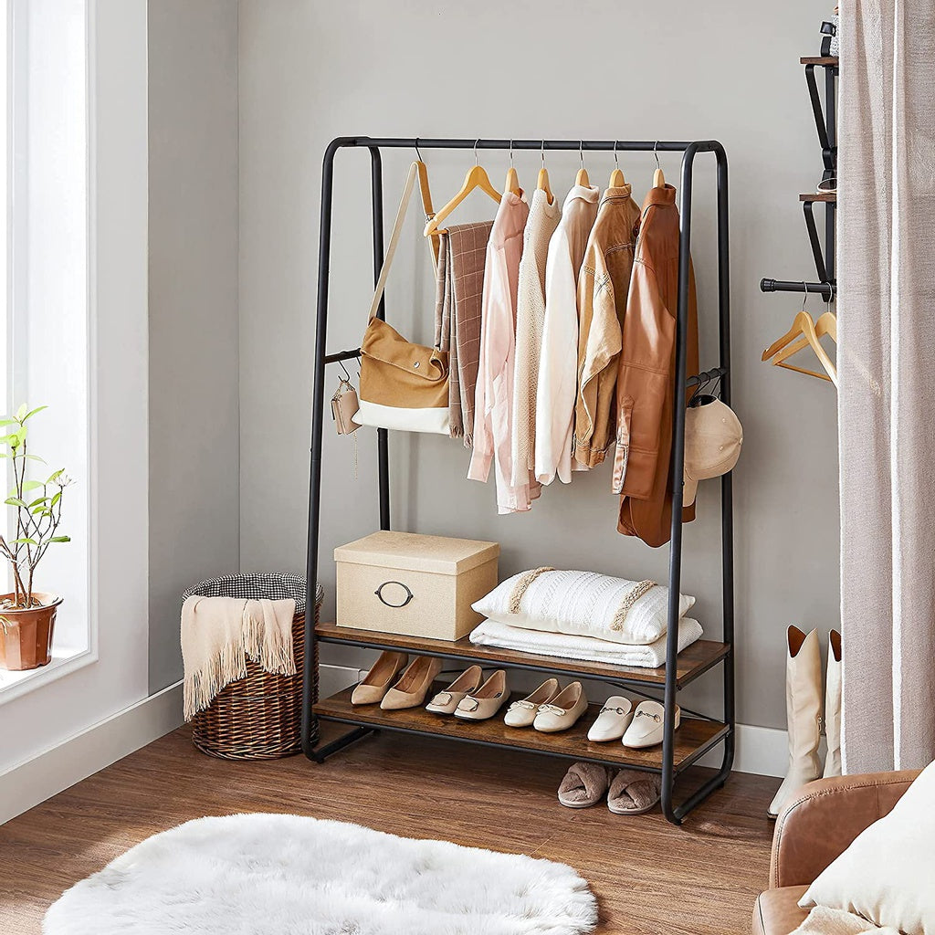 Rustic Brown Clothes Rack with Shelves and Hooks, VASAGLE