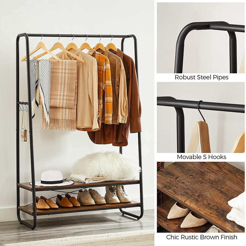 Rustic Brown Clothes Rack with Shelves and Hooks, VASAGLE