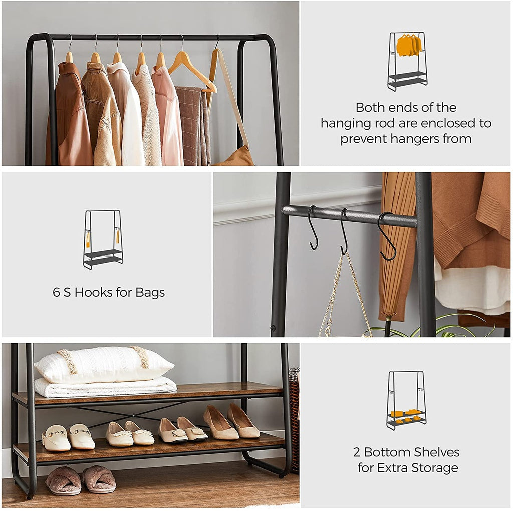 Rustic Brown Clothes Rack with Shelves and Hooks, VASAGLE