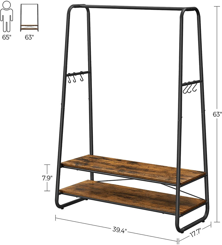 Rustic Brown Clothes Rack with Shelves and Hooks, VASAGLE