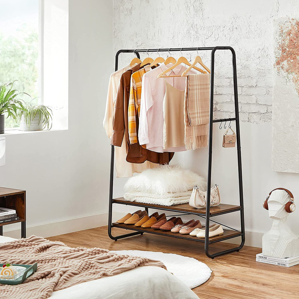 Rustic Brown Clothes Rack with Shelves and Hooks, VASAGLE