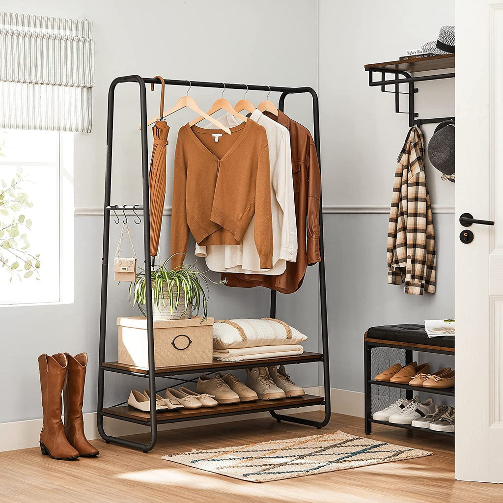 Rustic Brown Clothes Rack with Shelves and Hooks, VASAGLE