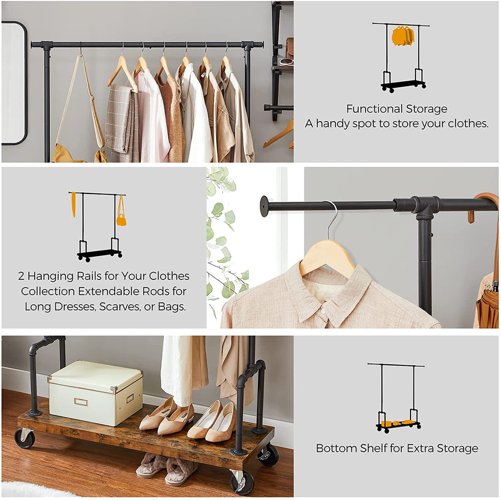 Adjustable Metal & Wood Clothes Rack with Shelf, VASAGLE