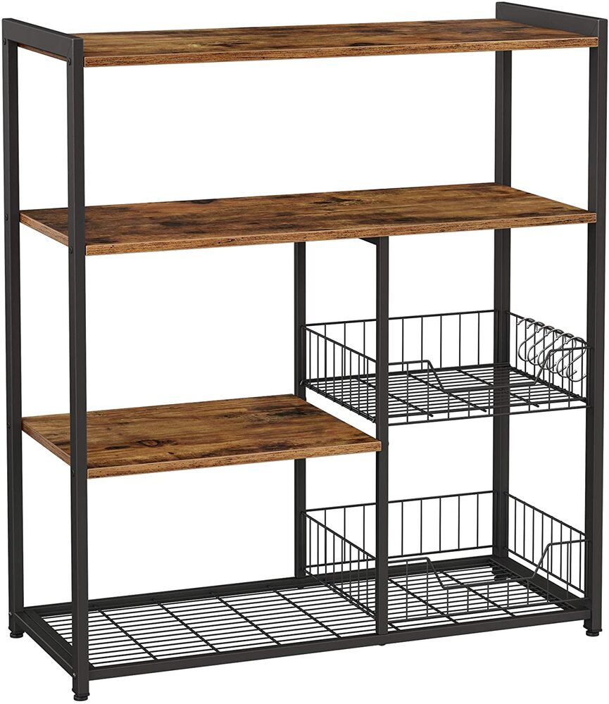 VASAGLE Baker's Rack Kitchen Island with 2 Metal Mesh Baskets Shelves and Hooks Industrial Style Rustic Brown
