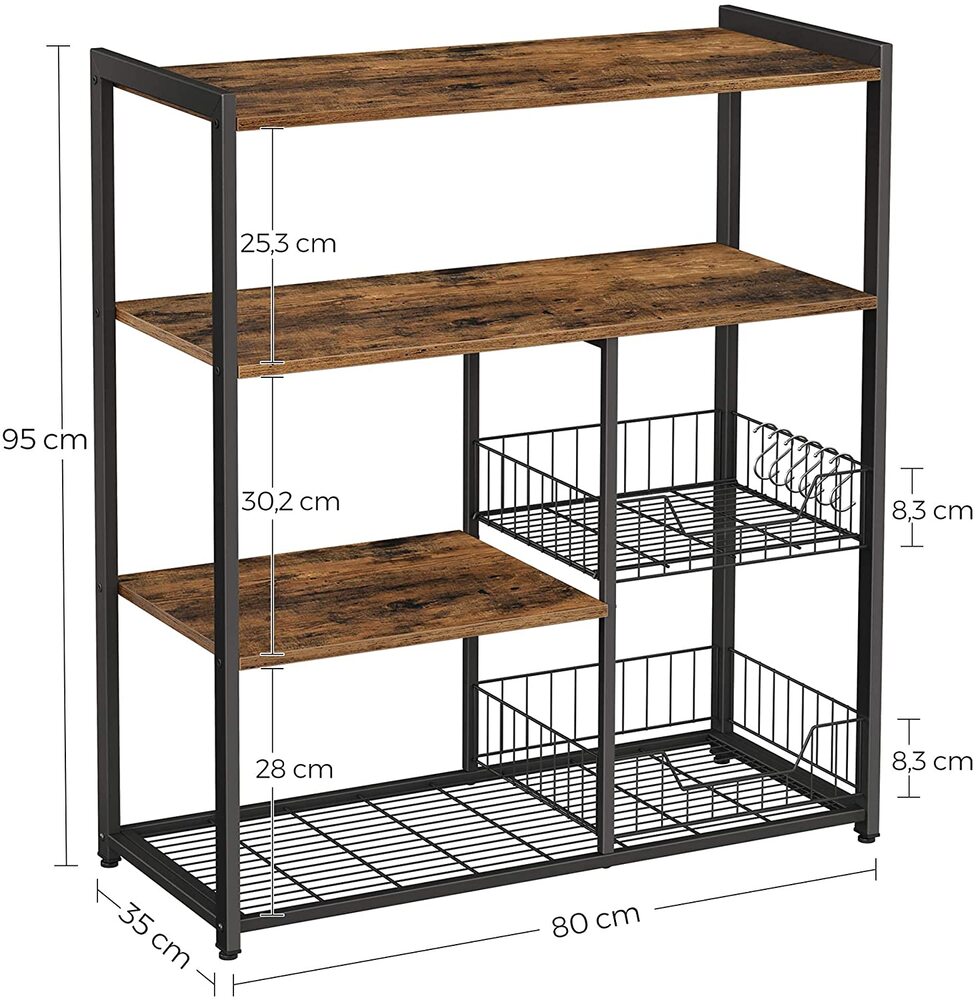 Industrial Kitchen Island Baker's Rack with 2 Mesh Baskets, Hooks - Vasagle