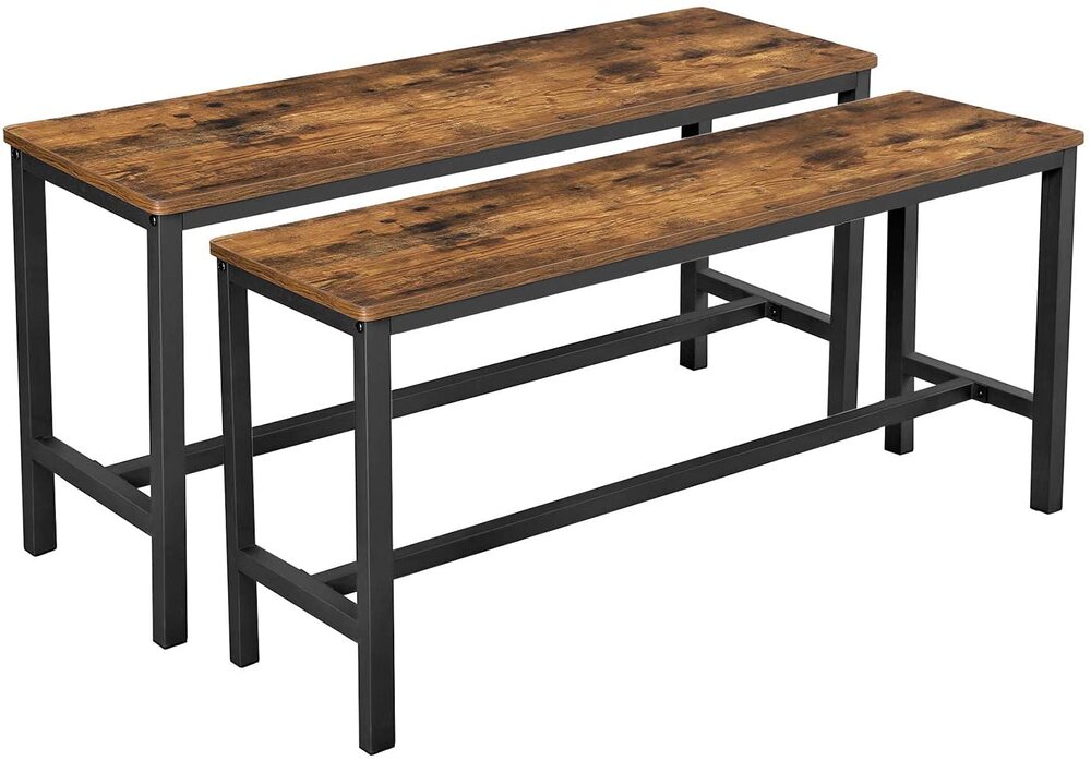 VASAGLE Table Benches Set of 2 Industrial Style Indoor Benches Durable Metal Frame for Kitchen Dining Room Living Room Rustic Brown