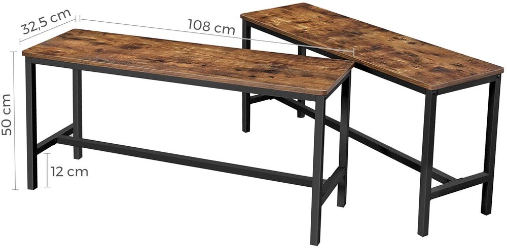 Rustic Brown Metal Frame Benches Set of 2 Space-Saving VASAGLE