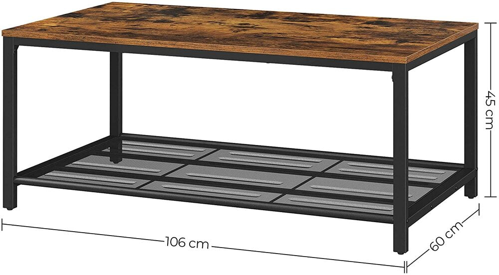 Industrial Rustic Brown Coffee Table, Mesh Shelf, Stable | VASAGLE