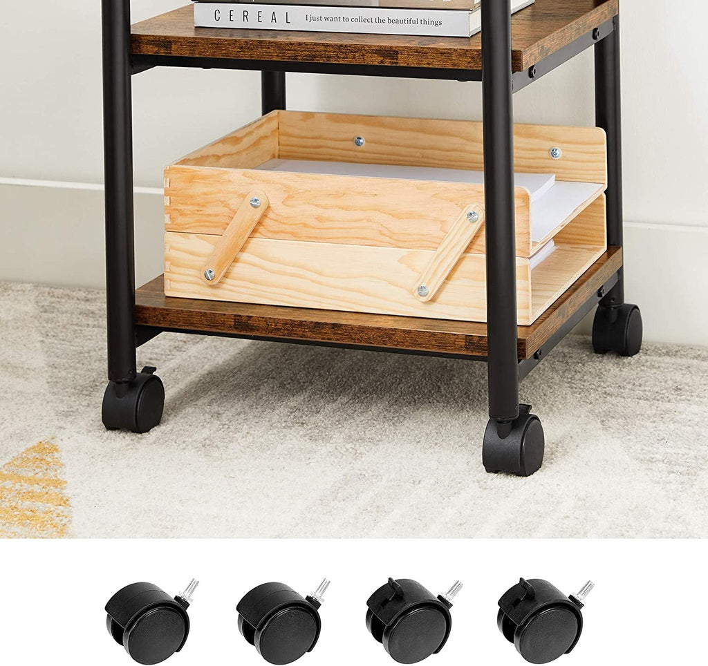 3-Tier Adjustable Printer Cart with Wheels, Rustic Brown Black - VASAGLE