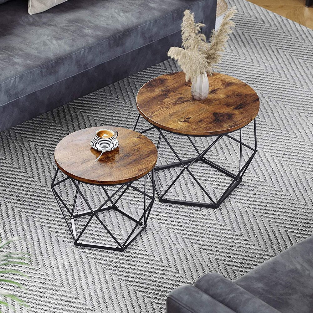 Rustic Brown Coffee Tables Set of 2, Round Steel Frames