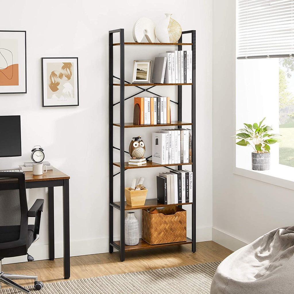 VASAGLE 6-Tier Bookcase Storage Shelf Steel Frame for Living Room Study Office Hallway Industrial Design Vintage Brown Black