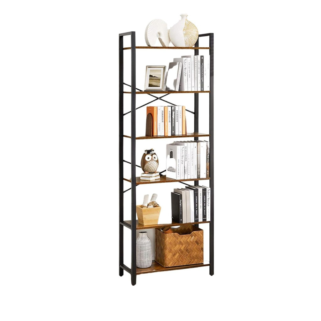 VASAGLE 6-Tier Bookcase Storage Shelf Steel Frame for Living Room Study Office Hallway Industrial Design Vintage Brown Black