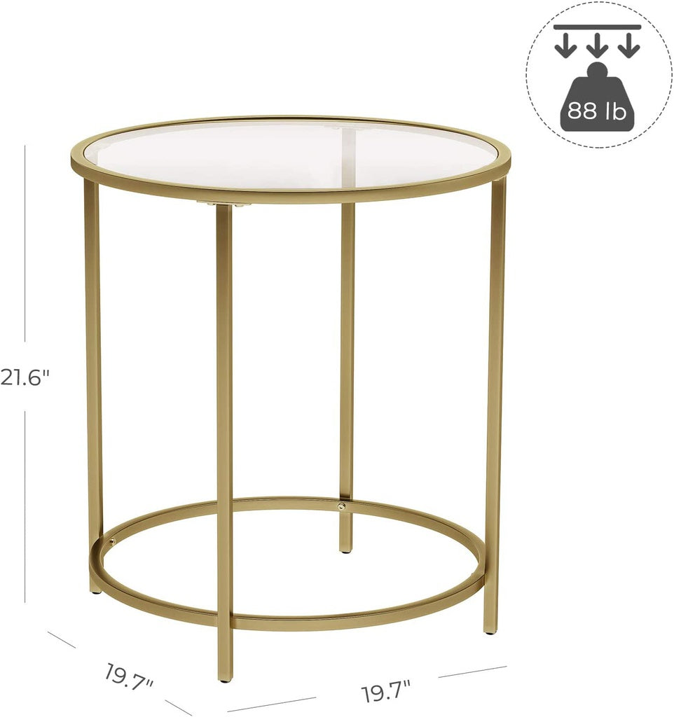 Golden Metal Frame Round Glass Side Table, 40 kg Capacity, VASAGLE