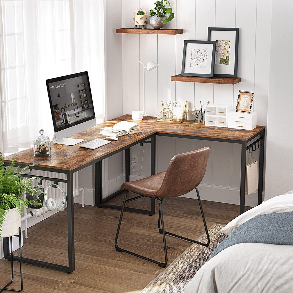 Rustic Brown Industrial Computer Desk with 8 Hooks