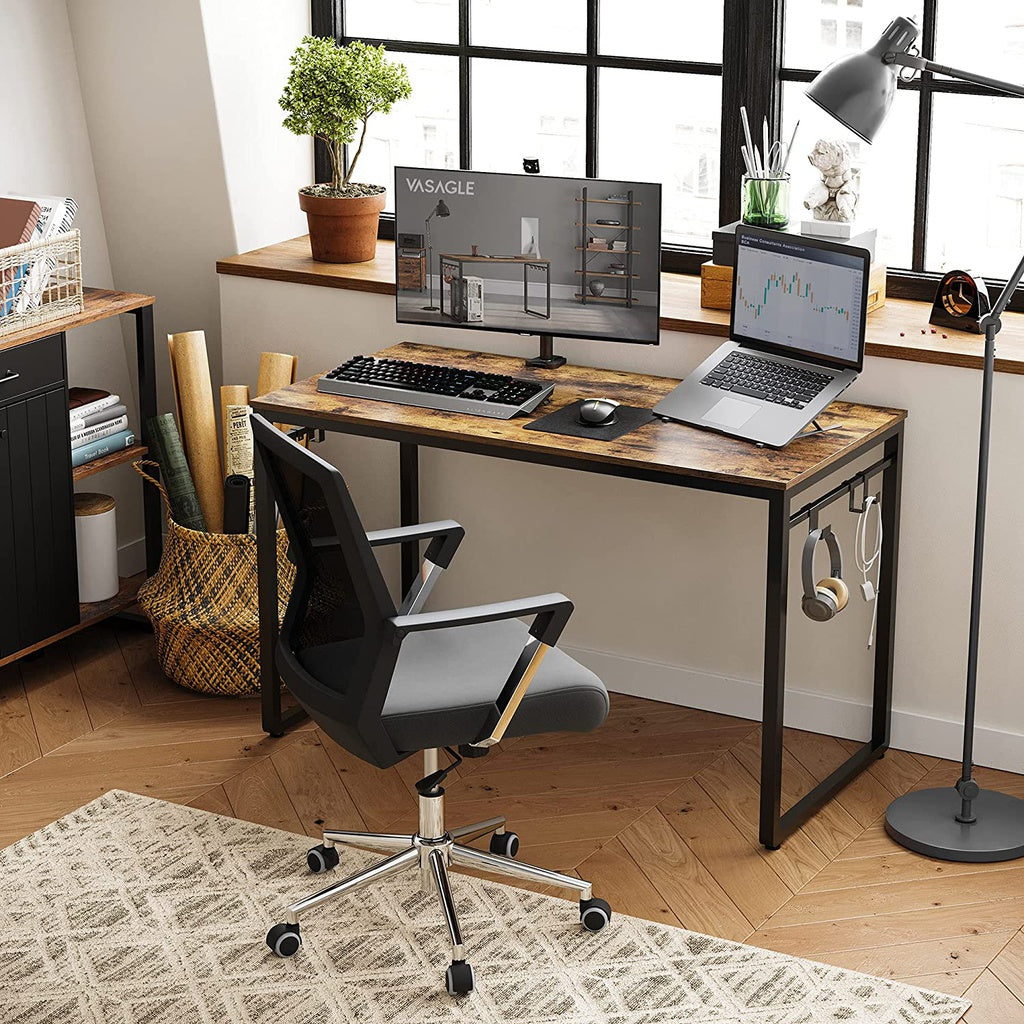 Rustic Brown Industrial Computer Desk with 8 Hooks