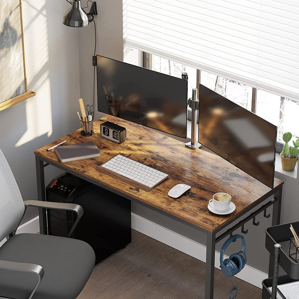 Rustic Brown Industrial Computer Desk with 8 Hooks