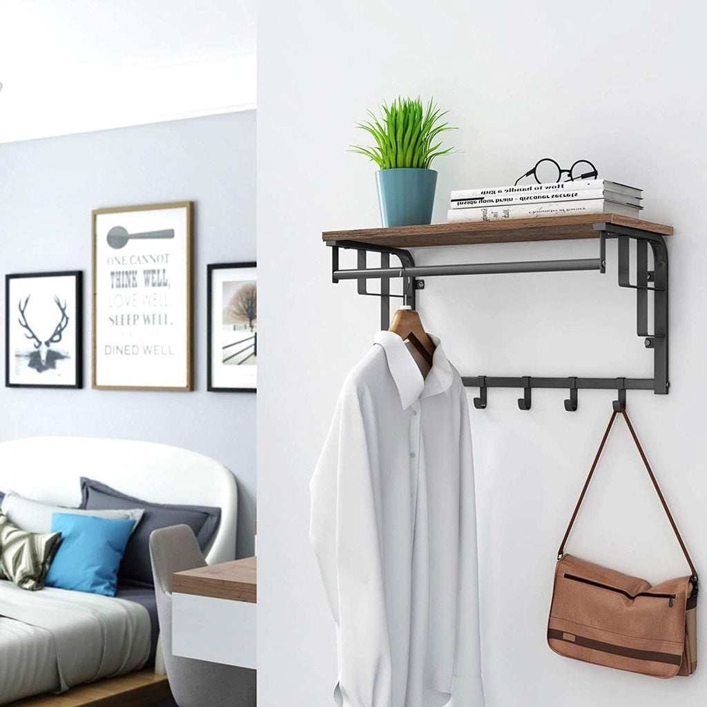 Rustic Wall-Mounted Coat Rack with Shelf and Hooks VASAGLE