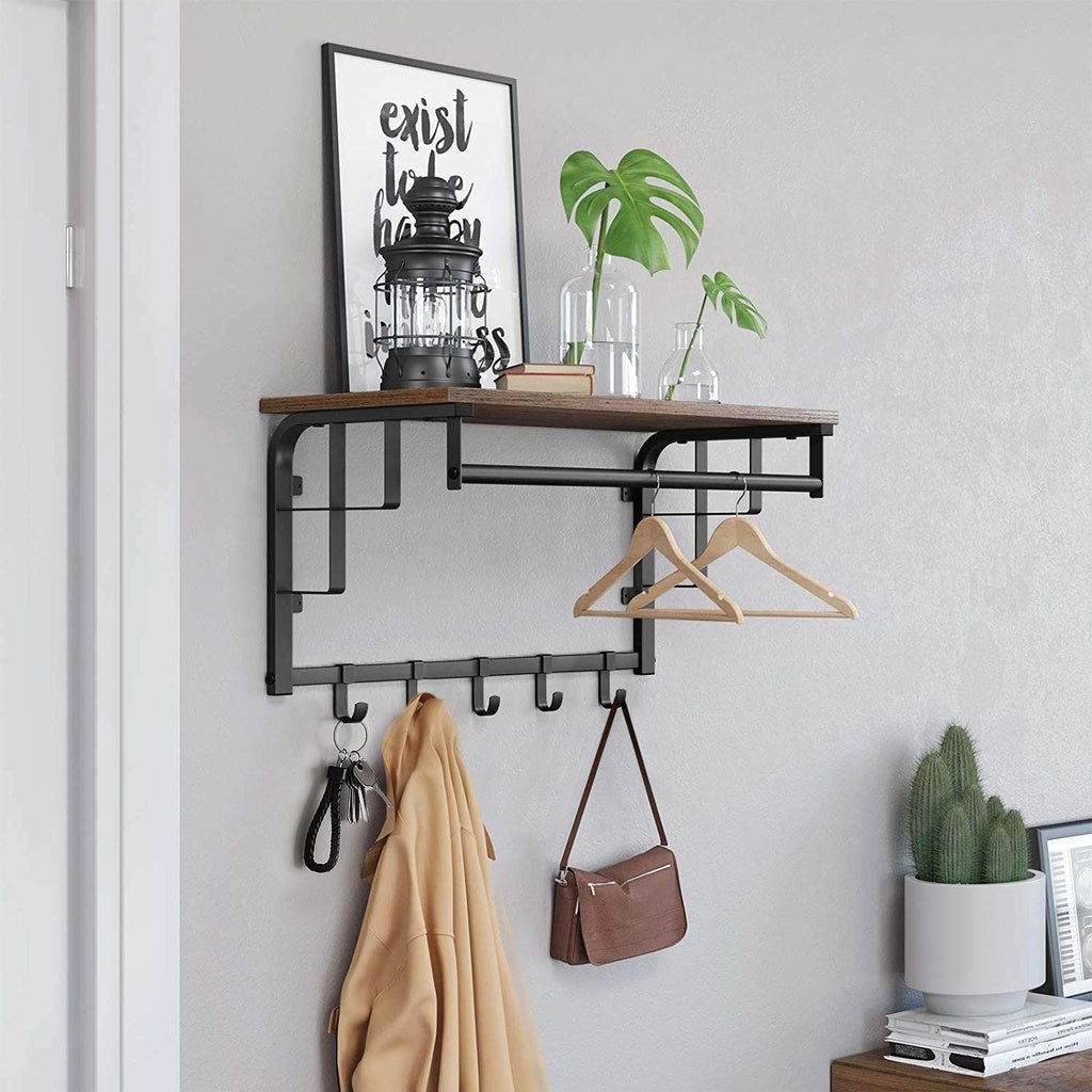 Rustic Wall-Mounted Coat Rack with Shelf and Hooks VASAGLE