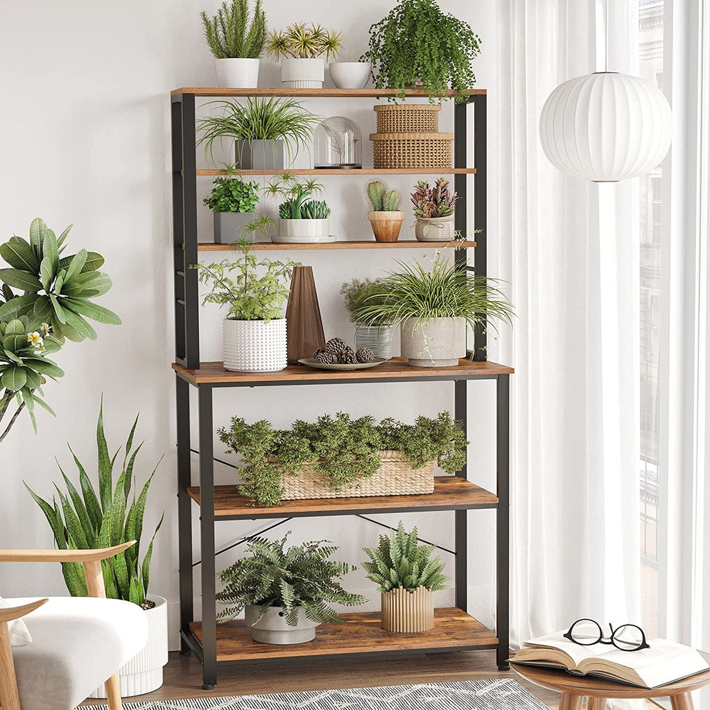 6 Tier Kitchen Storage Shelves with 6 Hooks, Rustic Brown & Black