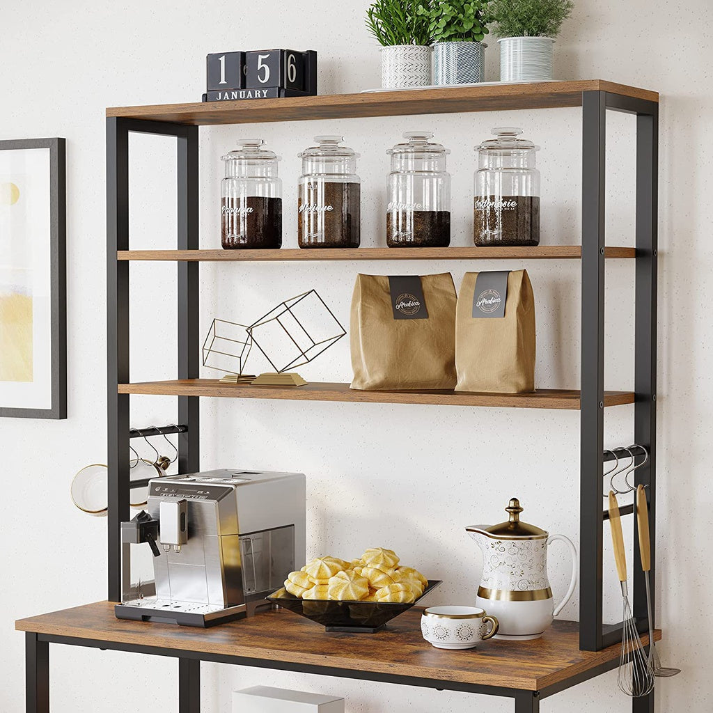 6 Tier Kitchen Storage Shelves with 6 Hooks, Rustic Brown & Black