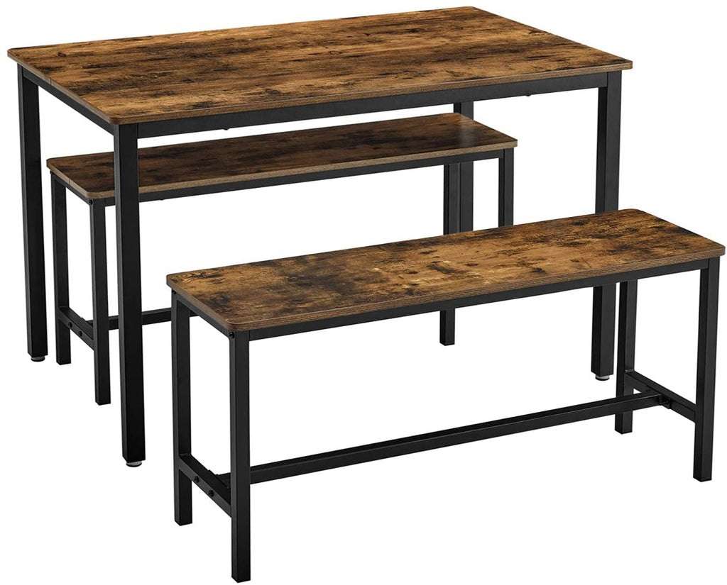 VASAGLE Dining Table Set with 2 Benches Rustic Brown and Black