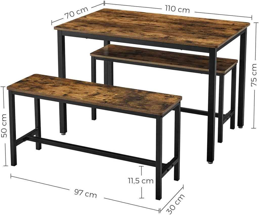 VASAGLE Dining Table Set with 2 Benches Rustic Brown and Black