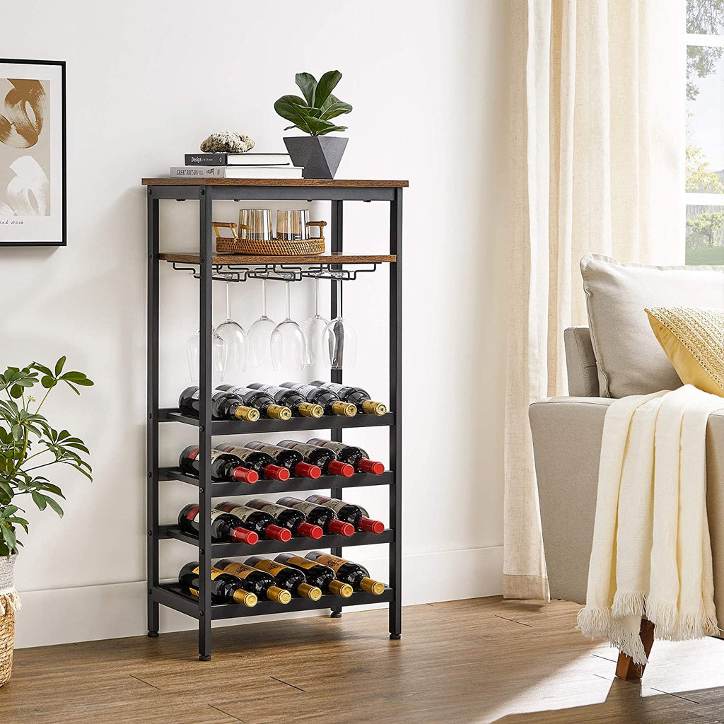 Adjustable 20-Slot Industrial Wine Rack, Rustic Brown, VASAGLE