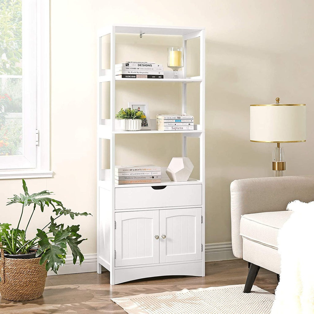 VASAGLE Floor Cabinet with Drawer 3 Open Shelves and Double Doors White