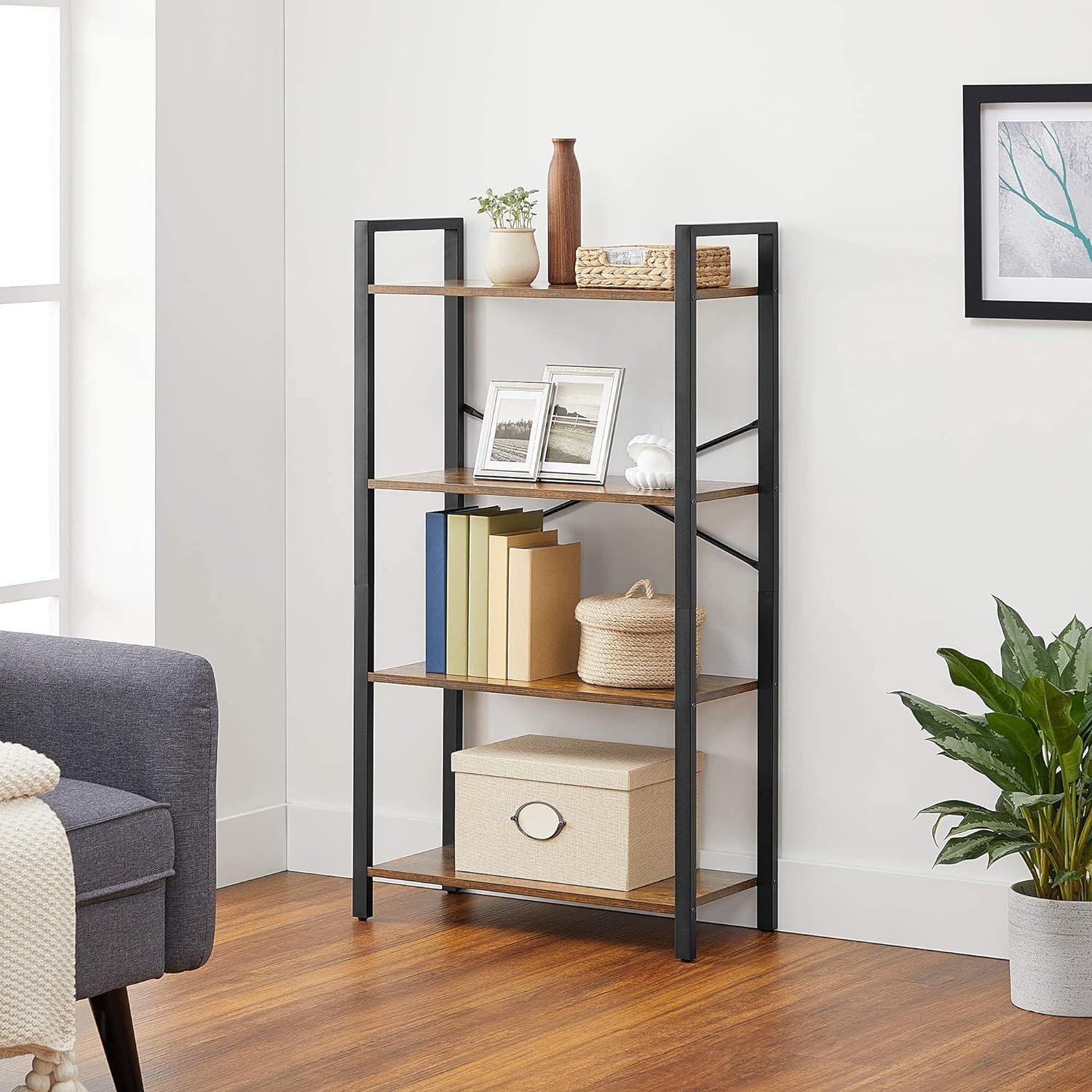 4-Tier Industrial Bookshelf Storage Rack, Steel Frame - VASAGLE