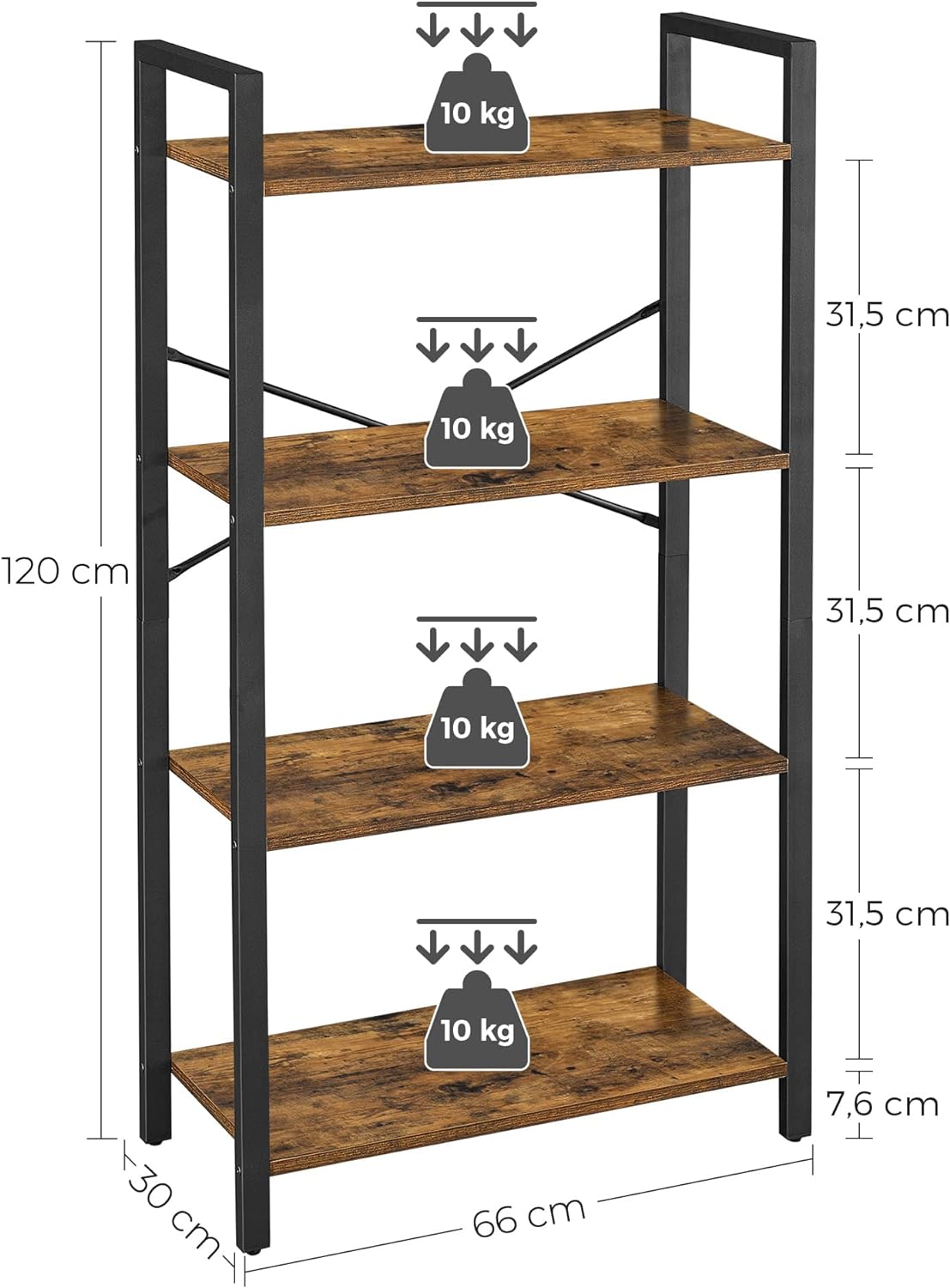 4-Tier Industrial Bookshelf Storage Rack, Steel Frame - VASAGLE