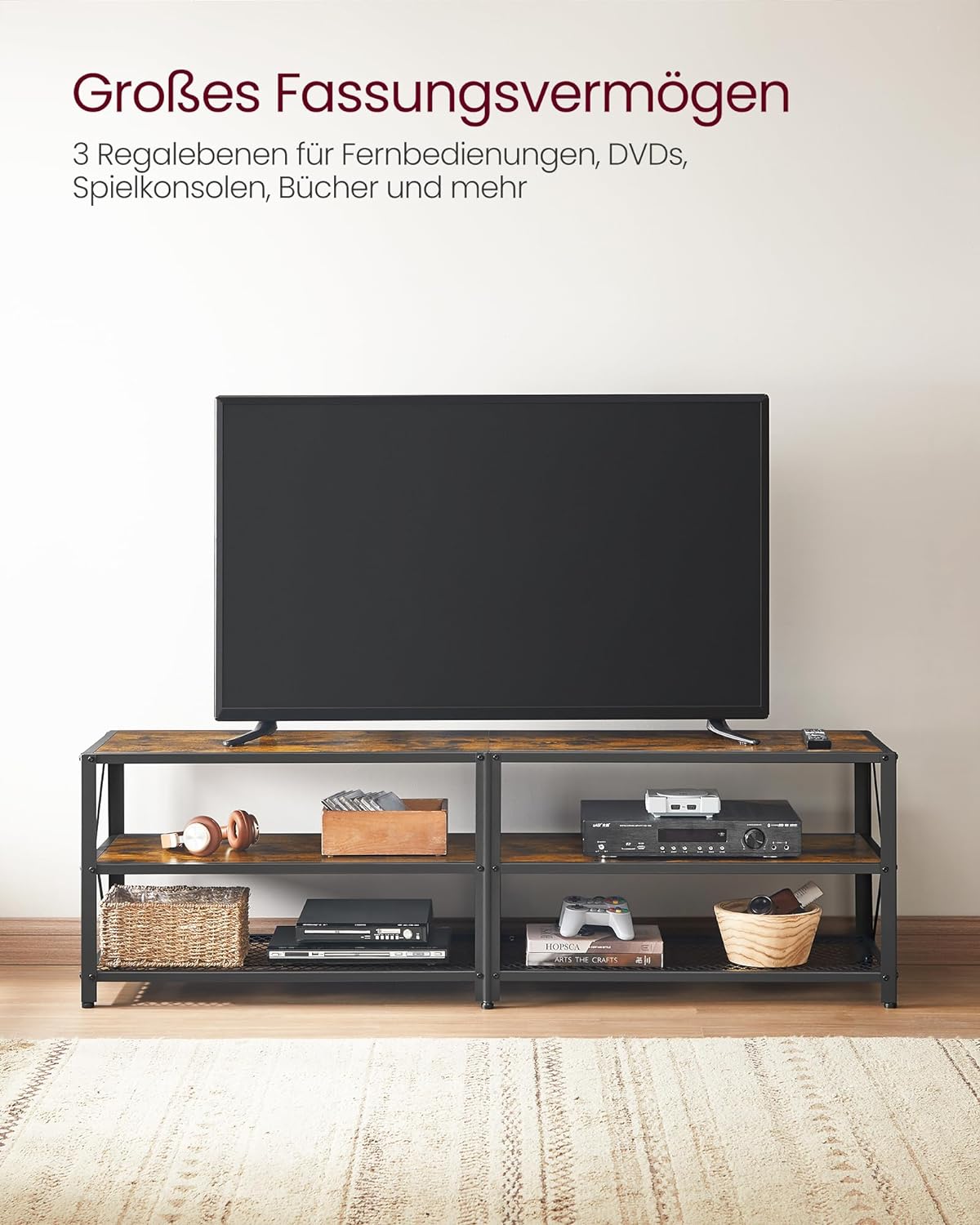 VASAGLE TV Cabinet Stand Lowboard for TVs up to 70 Inches with Shelves Steel Frame Vintage Brown/Black